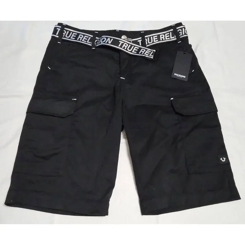 TRUE RELIGION Black Cargo Shorts‎ Detachable Belt Streetwear 700378 Men's 33